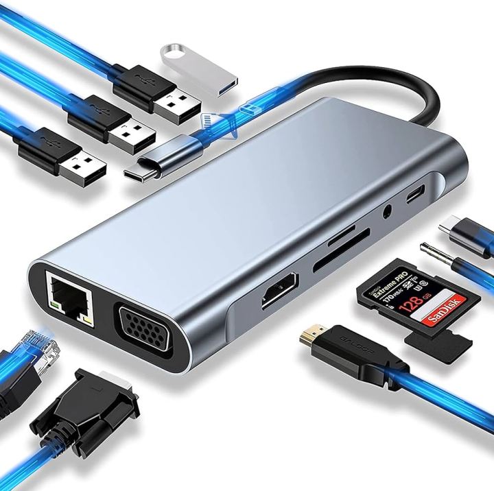 USB-C Hub 11-in-1 Dongle with 4K HDMI & VGA � Multi-Port Type-C Adapter with RJ45, 4�USB 3.0, SD/TF & PD Charging